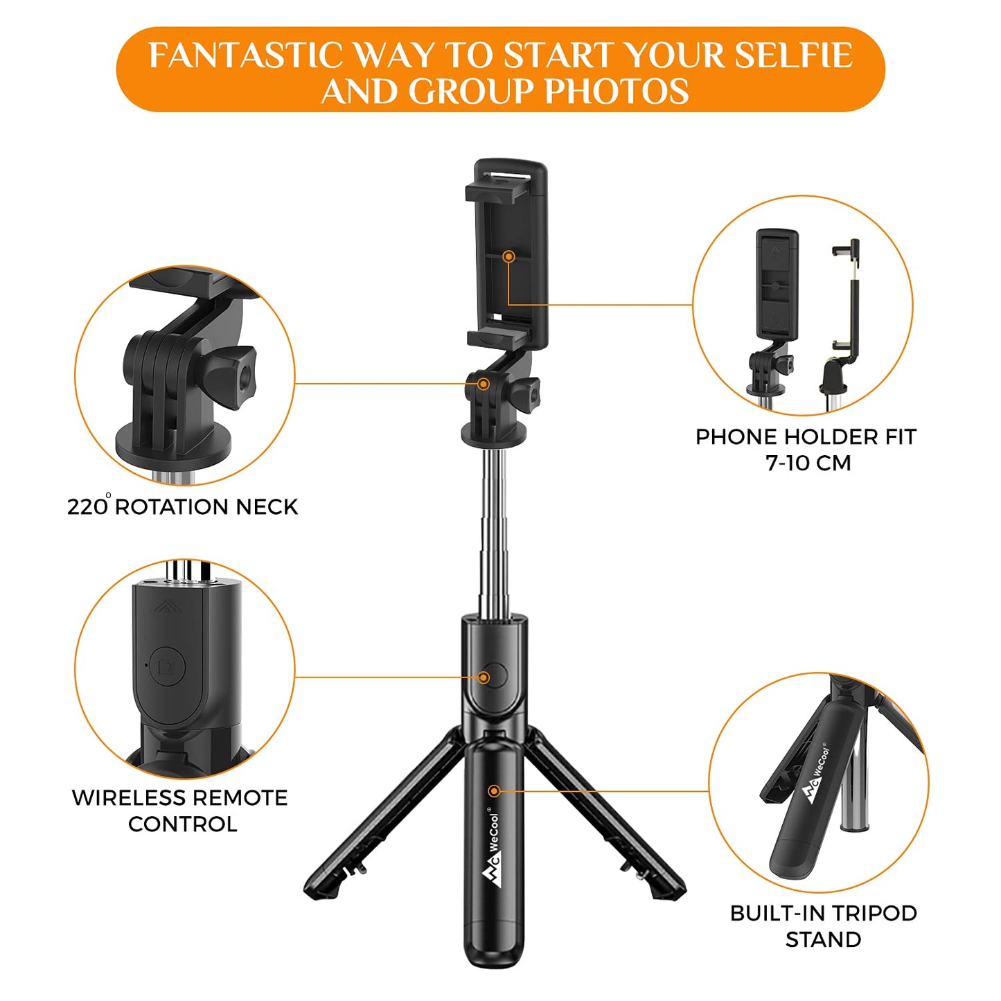 WeCool S1 Selfie Stick with Tripod Stand, 3-in-1 Multifunctional Selfie Stick with Detachable Wireless Remote for Vlogging & Photoshoot, Portable-Lightweight Selfie Stick for iPhone & Android Mobiles