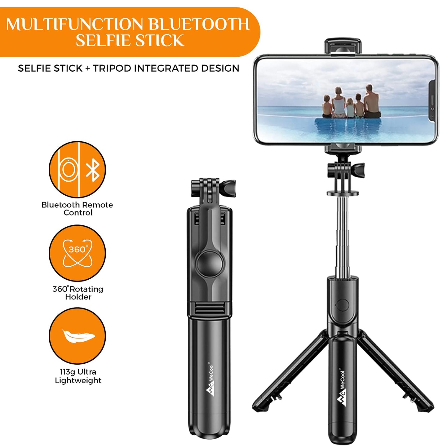 WeCool S1 Selfie Stick with Tripod Stand, 3-in-1 Multifunctional Selfie Stick with Detachable Wireless Remote for Vlogging & Photoshoot, Portable-Lightweight Selfie Stick for iPhone & Android Mobiles