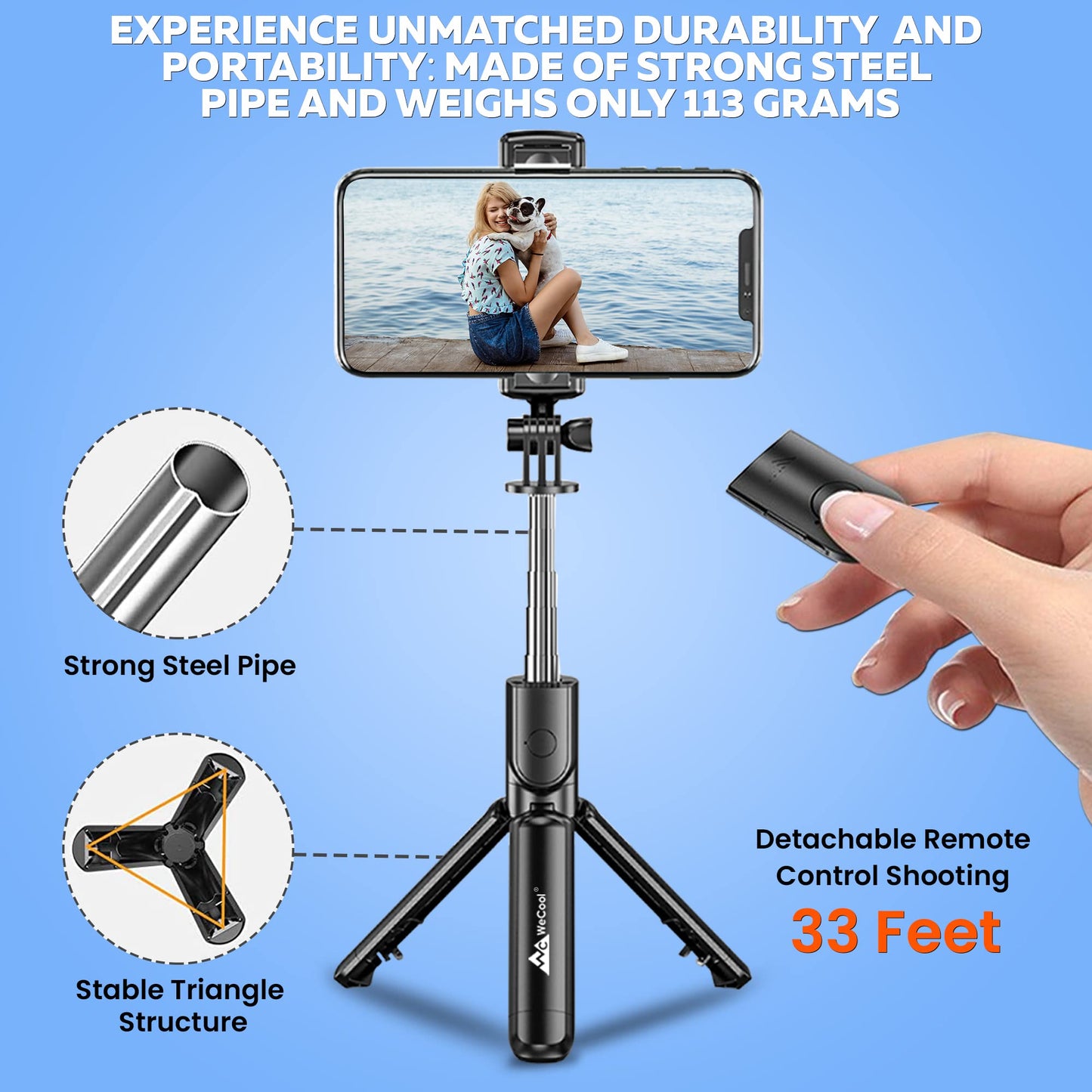 WeCool S1 Selfie Stick with Tripod Stand, 3-in-1 Multifunctional Selfie Stick with Detachable Wireless Remote for Vlogging & Photoshoot, Portable-Lightweight Selfie Stick for iPhone & Android Mobiles