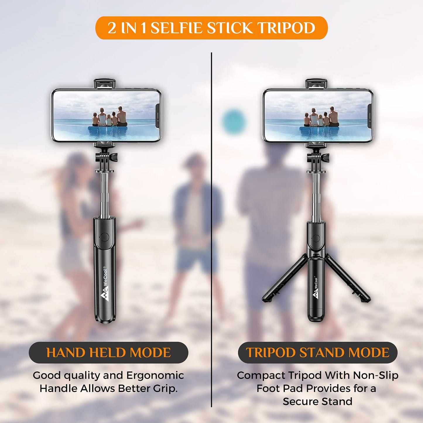 WeCool S1 Selfie Stick with Tripod Stand, 3-in-1 Multifunctional Selfie Stick with Detachable Wireless Remote for Vlogging & Photoshoot, Portable-Lightweight Selfie Stick for iPhone & Android Mobiles