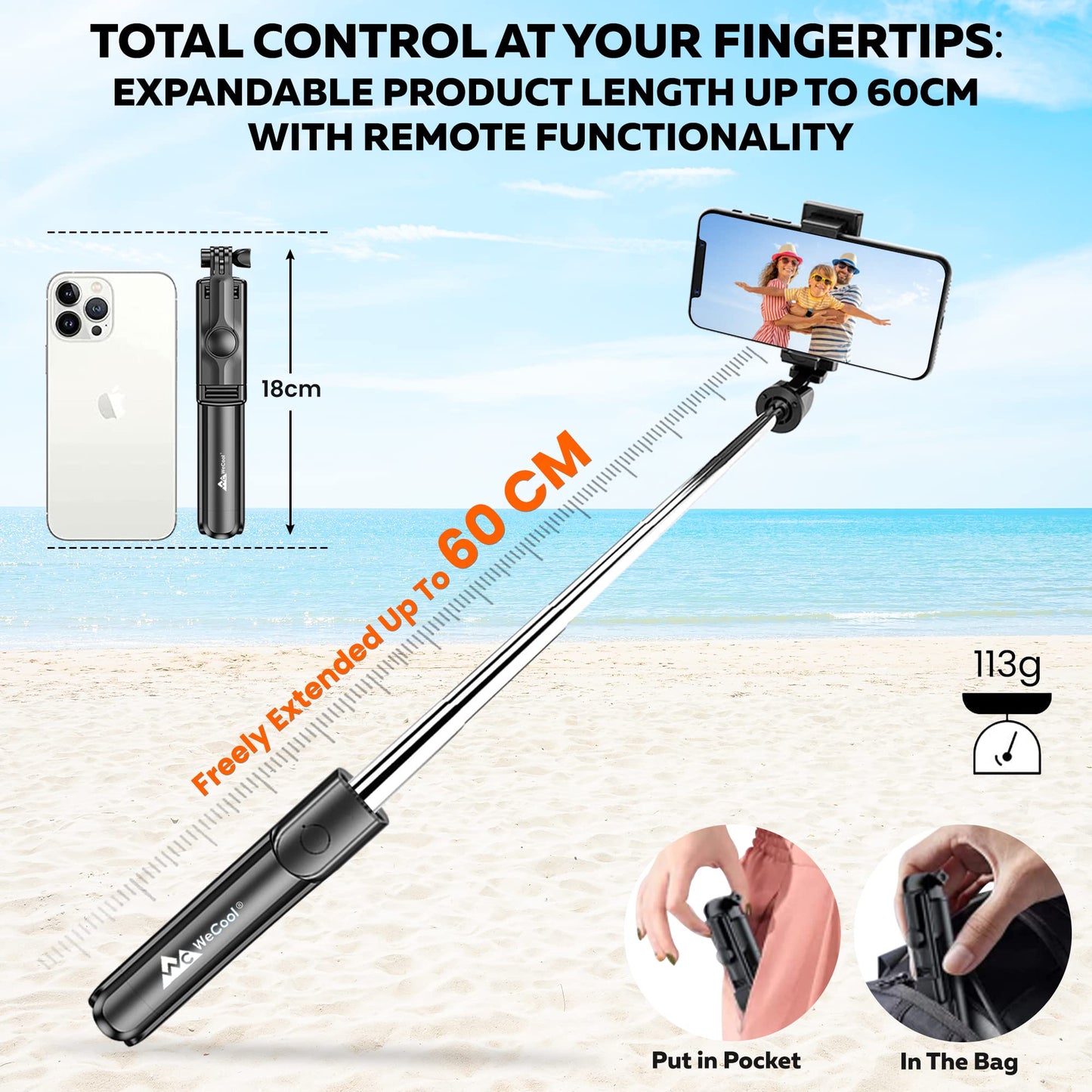 WeCool S1 Selfie Stick with Tripod Stand, 3-in-1 Multifunctional Selfie Stick with Detachable Wireless Remote for Vlogging & Photoshoot, Portable-Lightweight Selfie Stick for iPhone & Android Mobiles