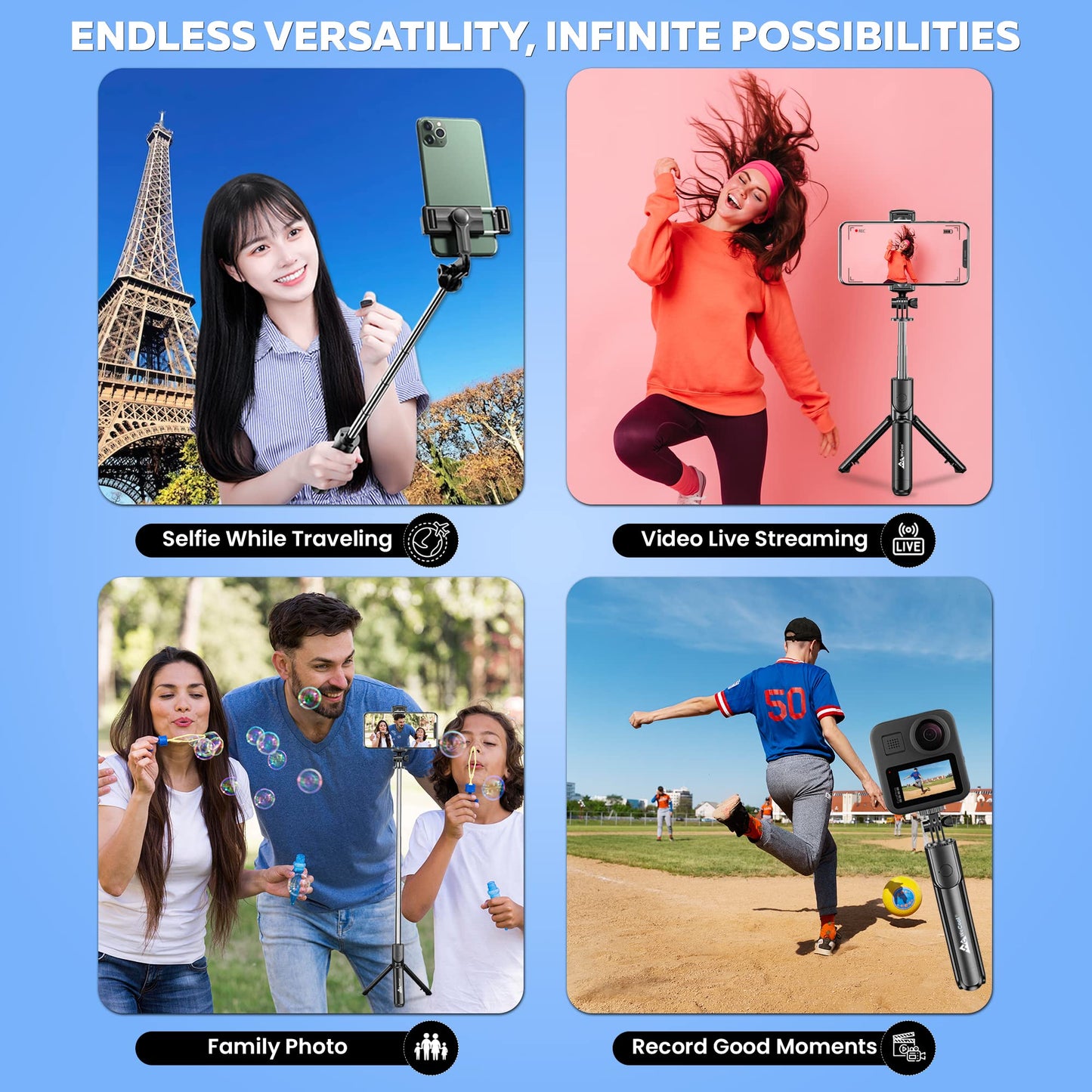 WeCool S1 Selfie Stick with Tripod Stand, 3-in-1 Multifunctional Selfie Stick with Detachable Wireless Remote for Vlogging & Photoshoot, Portable-Lightweight Selfie Stick for iPhone & Android Mobiles